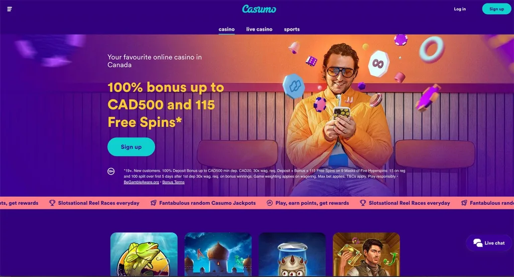 Casumo Casino Startseite mit Spielen und spannenden Aktionen